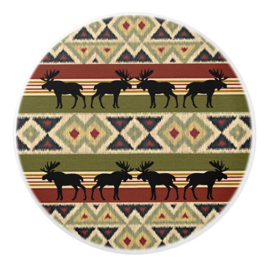 ムースワイルドライフアニマルレッドグリーンオークルイカットストライプ セラミックノブ (正面)