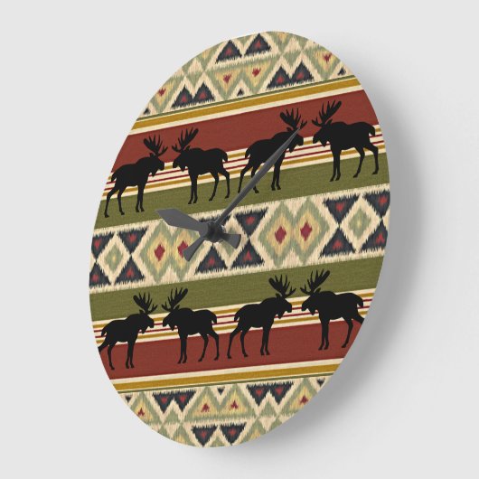 ムースワイルドライフアニマルレッドグリーンオークルイカットストライプ ラージ壁時計 (傾斜)