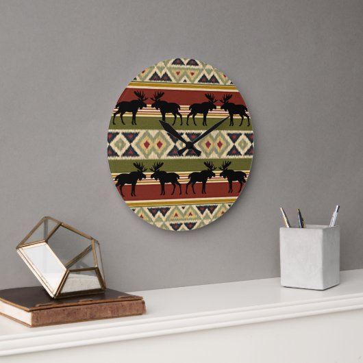 ムースワイルドライフアニマルレッドグリーンオークルイカットストライプ ラージ壁時計 (オフィス)