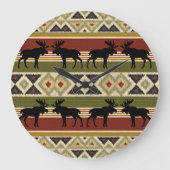 ムースワイルドライフアニマルレッドグリーンオークルイカットストライプ ラージ壁時計 (正面)