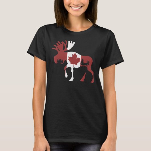 ムース動物カナダ国旗メープルリーフカナダ Tシャツ (正面)
