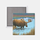 ムース湖で飲む – イエローストーンナショナル マグネット (正面/裏面)