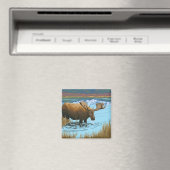 ムース湖で飲む – イエローストーンナショナル マグネット (インサイチュ (食洗機))