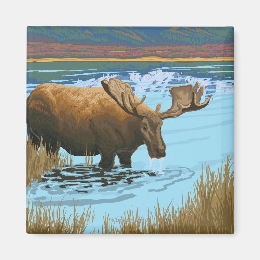 ムース湖で飲む – イエローストーンナショナル マグネット (正面)