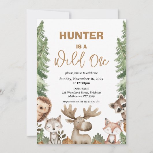 ムース素朴ウッドランドワイルドワン1歳の誕生日 招待状 (正面)