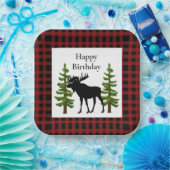 ムース素朴誕生日付き赤バッファロープレイド ペーパープレート (パーティー)