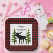 ムース素朴誕生日付き赤バッファロープレイド ペーパープレート (パーティー)