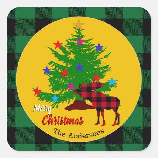 ムース素朴、クリスマスツリー、家族の名前、プレイド スクエアシール (正面)
