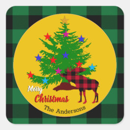 ムース素朴、クリスマスツリー、家族の名前、プレイド スクエアシール