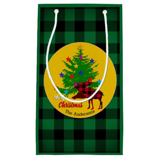 ムース素朴、クリスマスツリー、家族の名前、プレイド スモールペーパーバッグ (正面)