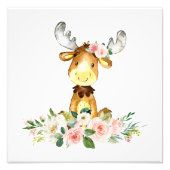 ムース、森林動物、ボホ、ピンク色の花 フォトプリント (正面)