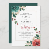 ムーディなターコイズブルーと赤の花の結婚式 招待状 (正面/裏面)