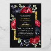 ムーディな赤と黒のエレガントな花の結婚式 箔招待状 (正面)