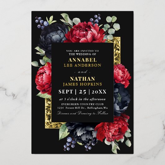 ムーディな赤と黒のエレガントな花の結婚式 箔招待状 (正面)