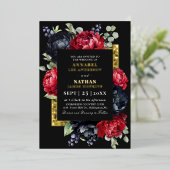 ムーディな赤と黒のエレガントな花の結婚式 箔招待状 (立ち正面)