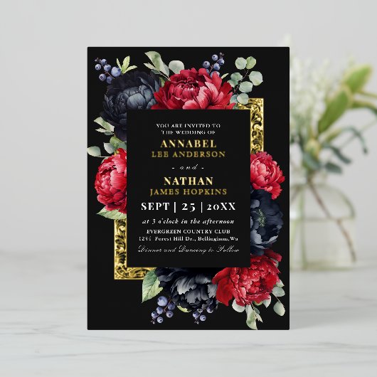ムーディな赤と黒のエレガントな花の結婚式 箔招待状 (立ち正面)