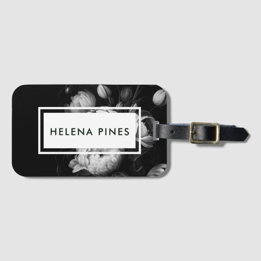 ムーディはっきりしたーパインタリーの花の白黒 ラゲッジタグ (正面横)