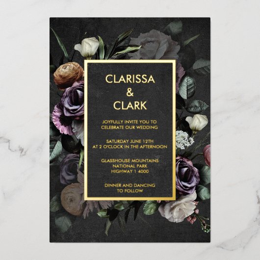 ムーディはっきりしたー暗フローラブラック金ゴールド結婚ズ 箔招待状 (正面)