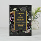 ムーディはっきりしたー暗フローラブラック金ゴールド結婚ズ 箔招待状 (立ち正面)