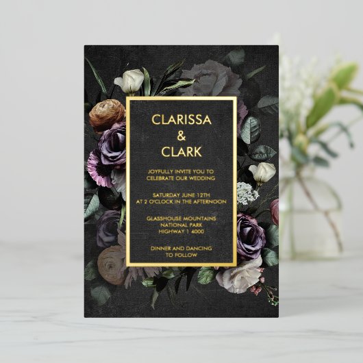 ムーディはっきりしたー暗フローラブラック金ゴールド結婚ズ 箔招待状 (立ち正面)