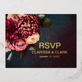 ムーディはっきりしたー赤フローラフォイルRSVPの結婚ポストカード 箔シーズンポストカード (正面)