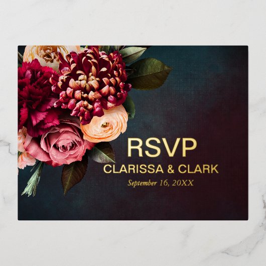ムーディはっきりしたー赤フローラフォイルRSVPの結婚ポストカード 箔シーズンポストカード (正面)