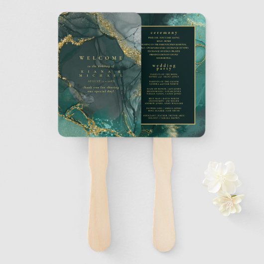 ムーディインクエメラルド金ゴールド抽象芸術プログラムID988 ハンドファン (正面&裏面)