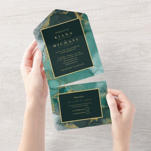ムーディインクエメラルド金ゴールド抽象芸術ID988 オールインワン招待状 (貼ってはがせる)