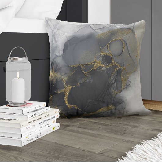 ムーディインク炭金ゴールド抽象芸術Wht ID988 クッション