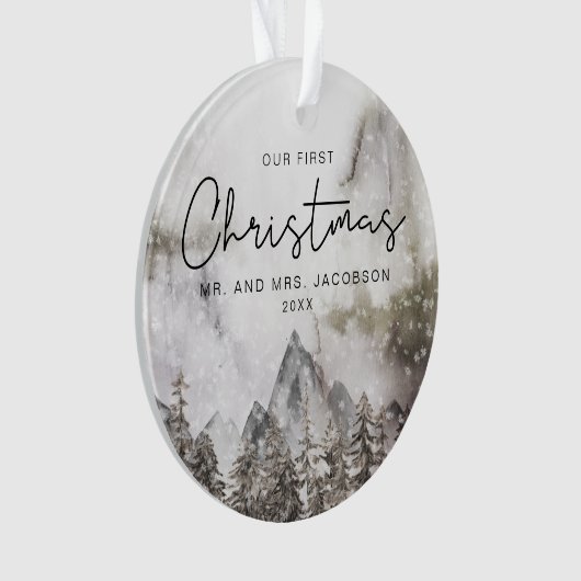 ムーディウィンターウォーターカラーマウンテン初めてのクリスマス オーナメント (正面)