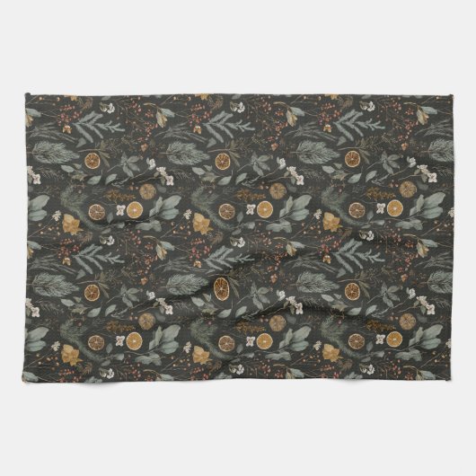 ムーディウィンターボタニカルクリスマスホリデー キッチンタオル (横)