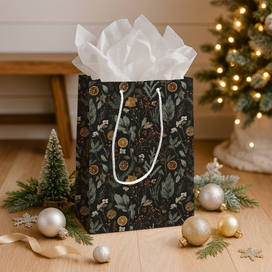 ムーディウィンターボタニカルクリスマスホリデー ミディアムペーパーバッグ