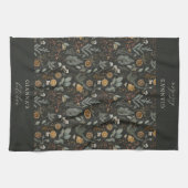 ムーディウィンターボタニカルホパーソナライズされたリデイ キッチンタオル (横)