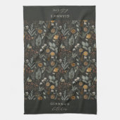 ムーディウィンターボタニカルホパーソナライズされたリデイ キッチンタオル (縦)