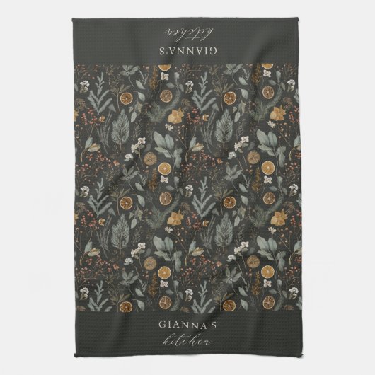 ムーディウィンターボタニカルホパーソナライズされたリデイ キッチンタオル (縦)