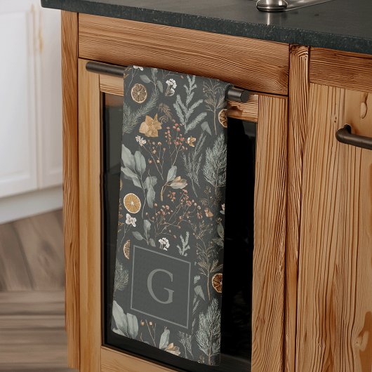 ムーディウィンターボタニカルモノグラムクリスマスホリデー キッチンタオル