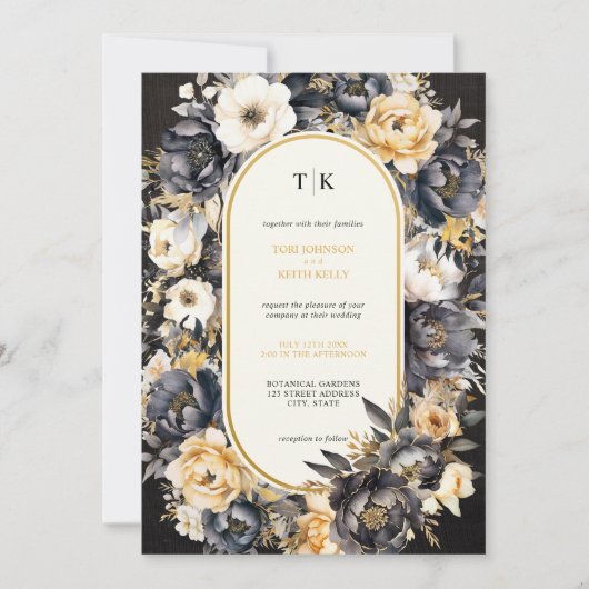 ムーディウォータカラーフローラ白黒招待状 招待状 (正面)