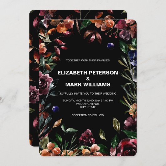 ムーディウォータカラー花模様フレーム結婚式招待状 (正面/裏面)