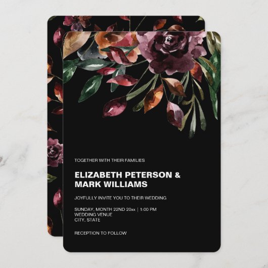 ムーディウォータカラー花模様結婚式招待状 (正面/裏面)