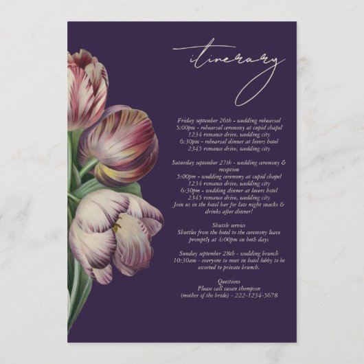 ムーディウォーターカラーパープルチューリップ結婚の旅程 プログラム (裏面)