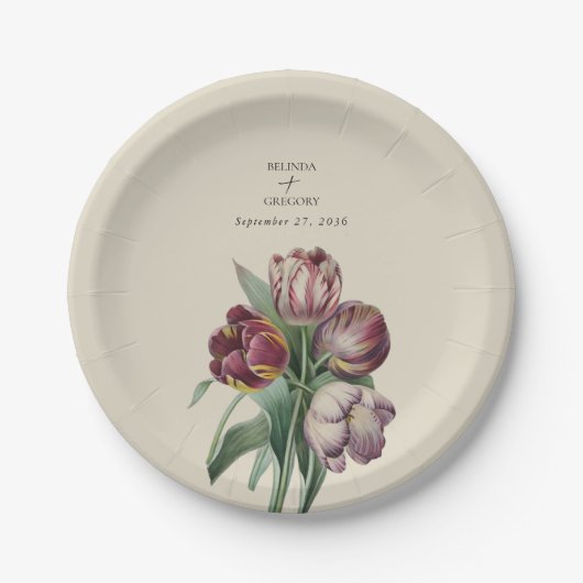 ムーディウォーターカラーパープルチューリップ結婚ズギフト ペーパープレート (正面)