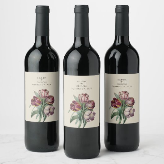 ムーディウォーターカラーパープルチューリップ結婚ズギフト ワインラベル (ボトル)