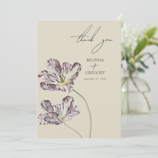 ムーディウォーターカラーパープルチューリップ結婚ズ サンキューカード (スタンド正面)