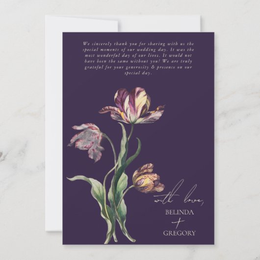 ムーディウォーターカラーパープルチューリップ結婚ズ サンキューカード (裏面)