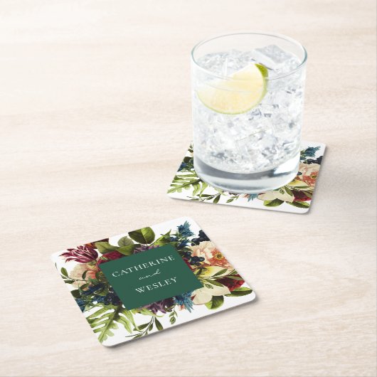 ムーディエメラルドグリーン冬結婚フローラ スクエアペーパーコースター (インサイチュ)