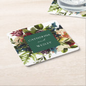 ムーディエメラルドグリーン冬結婚フローラ スクエアペーパーコースター (アングル)