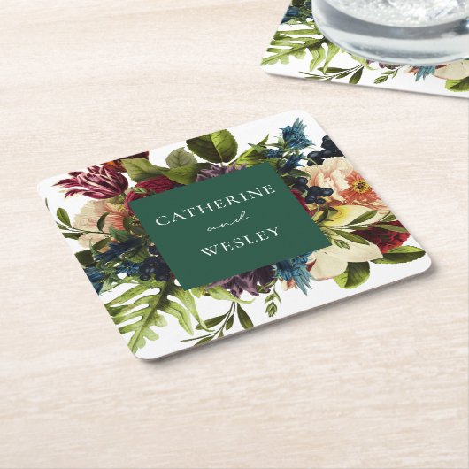 ムーディエメラルドグリーン冬結婚フローラ スクエアペーパーコースター (アングル)