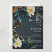 ムーディエレガントウィンターブルーフローラパイン結婚ズ 招待状 (正面)