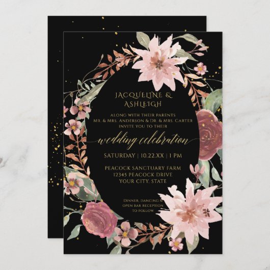 ムーディエレガントウウォータカラーフラワーブラック赤面ピンク 招待状 (正面/裏面)