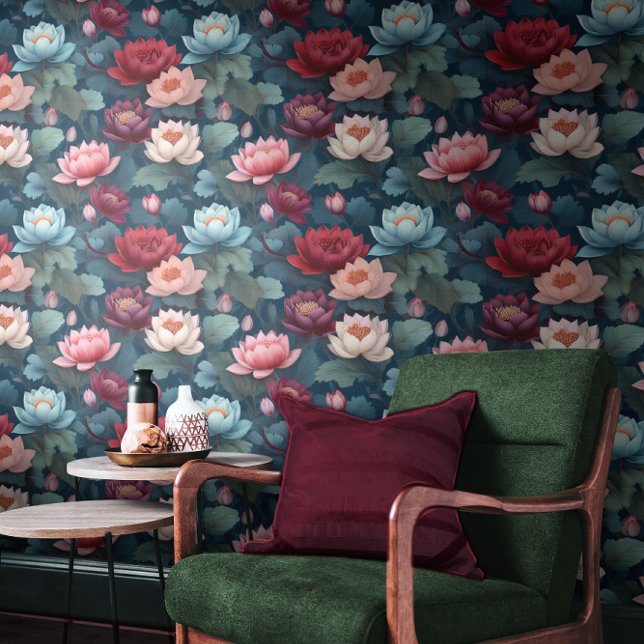 ムーディエレガントスモダンハスの花模様 壁紙 (Elegant Moody Modern Lotus Flower Pattern Wallpaper)